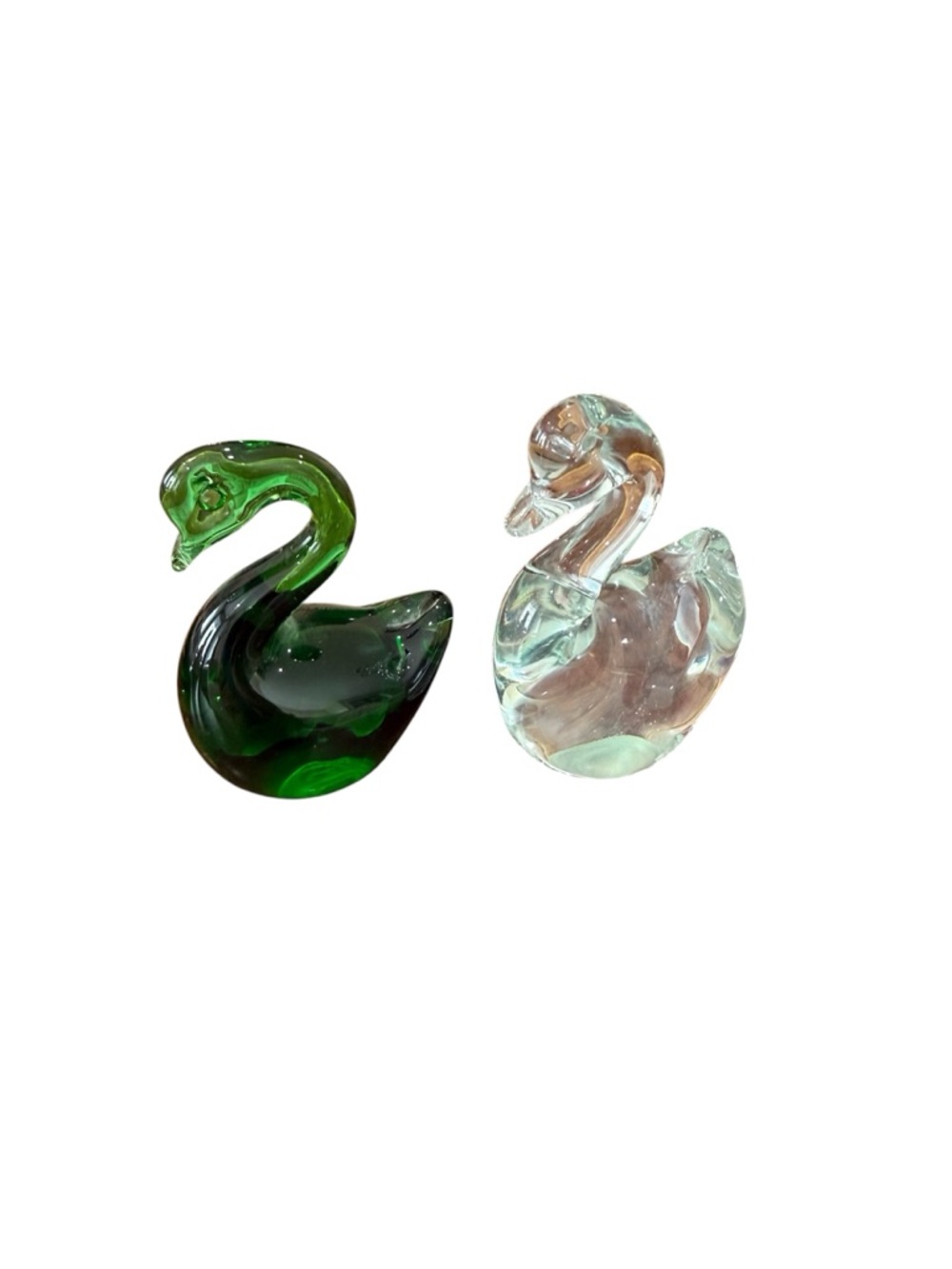 Vintage Emerald Green & Clear Handblown Glass Swan Figurines